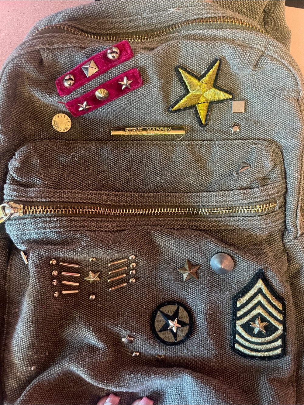 Steve Madden Gray Canvas Backpack Military Patch Studded Book Bag